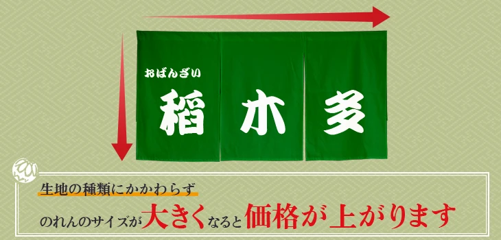 生地の種類にかかわらずのれんのサイズが大きくなると価格が上がります